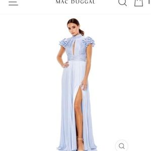 Mac Duggal High Neck Ruffle Sleeve Pleated Keyhole Gown